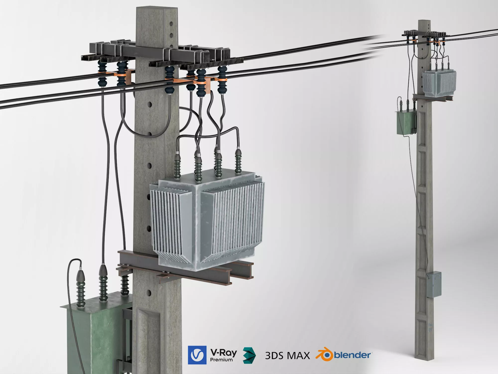 Concrete Utility Pole Distribution Transformer 3D Model 3D model
