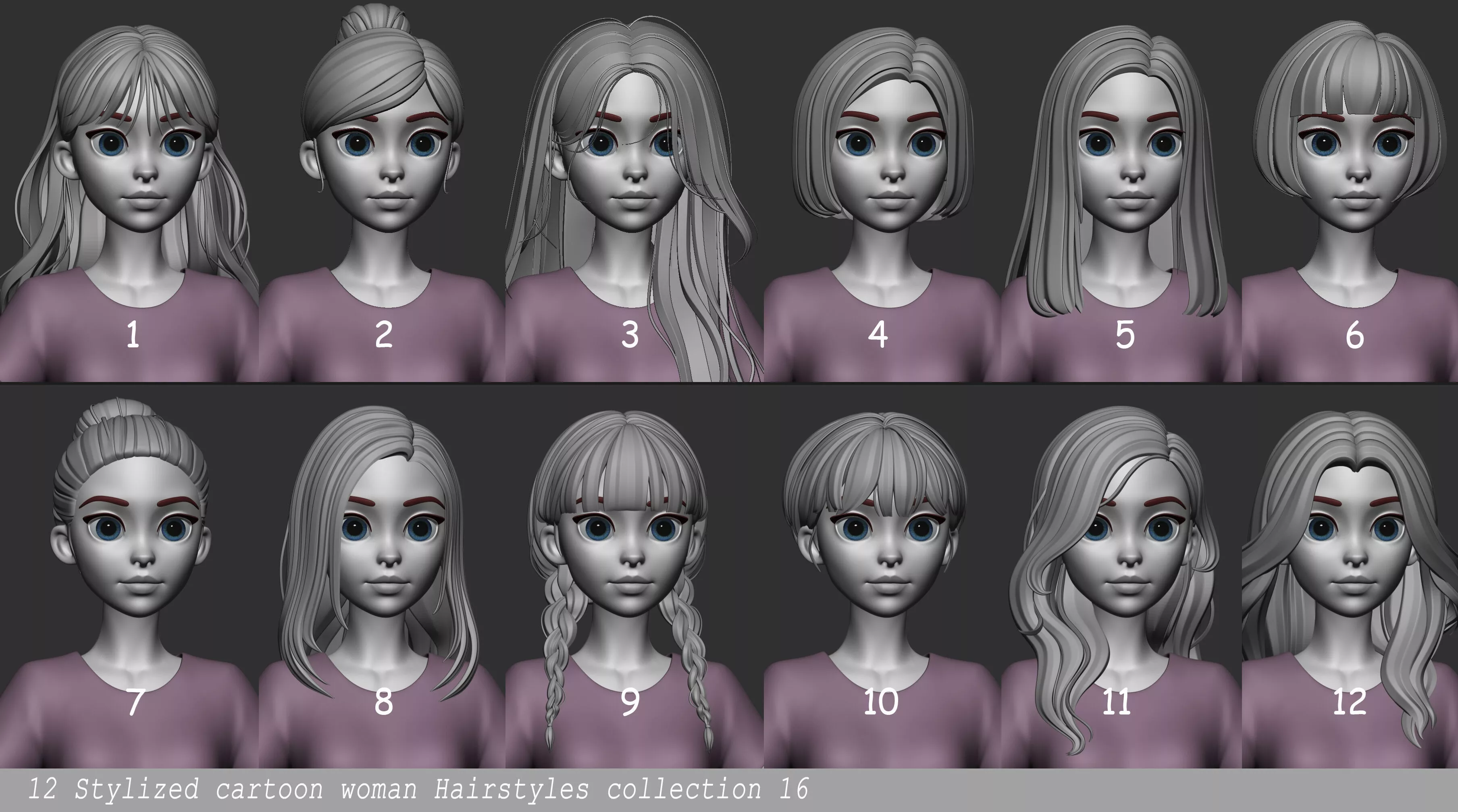 Highpoly and Lowpoly 12 Stylized cartoon anime Hair pack 16 Low-poly 3D model