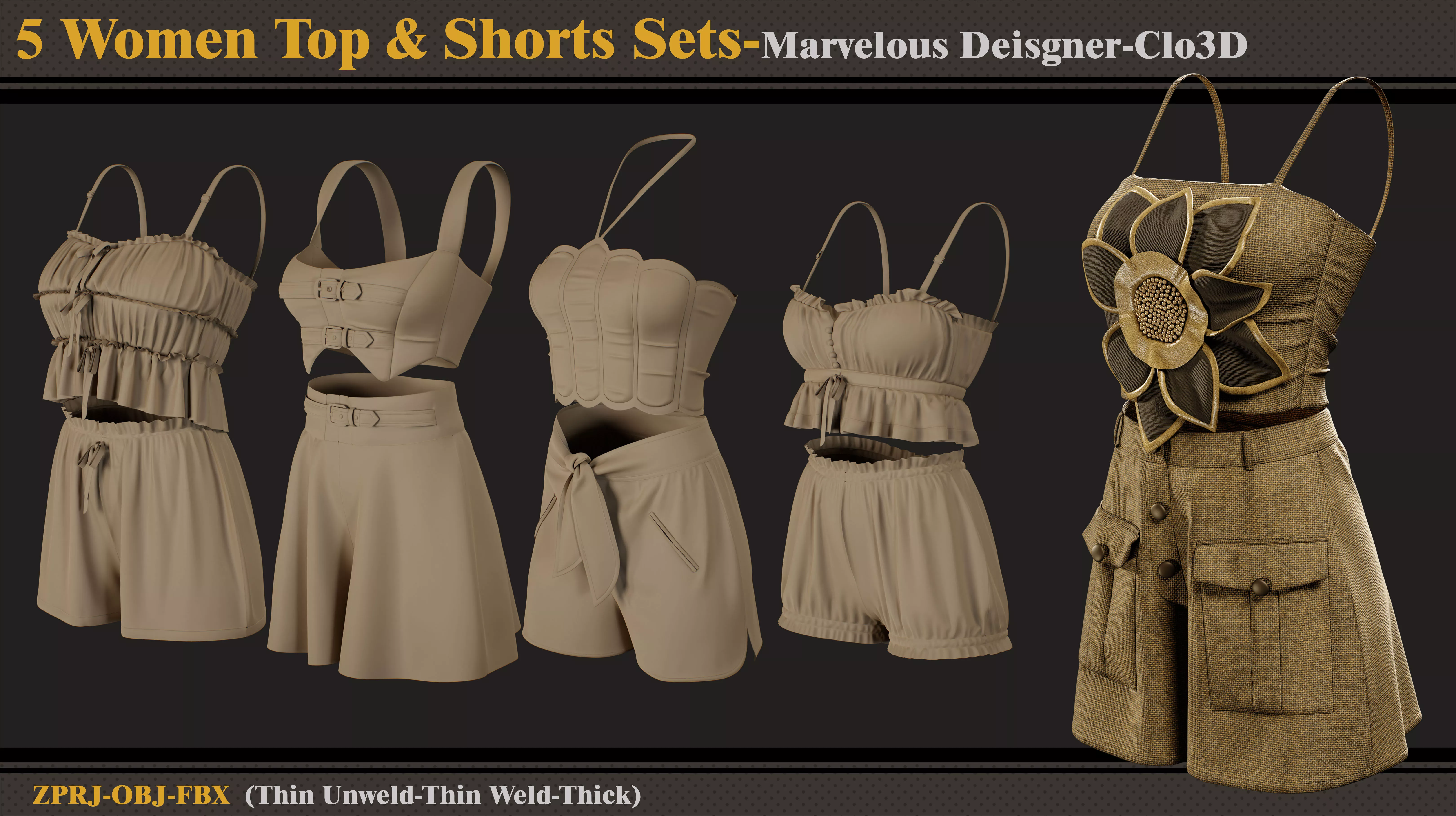 5 Women Top and Shorts Set -MD-CLo3D -ZPRJ - FBX - OBJ 3D model