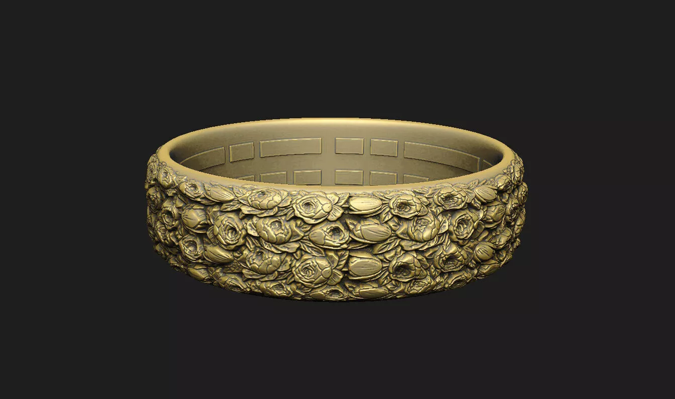 Peony and bud -ring peony relief eternity-band 3D print model