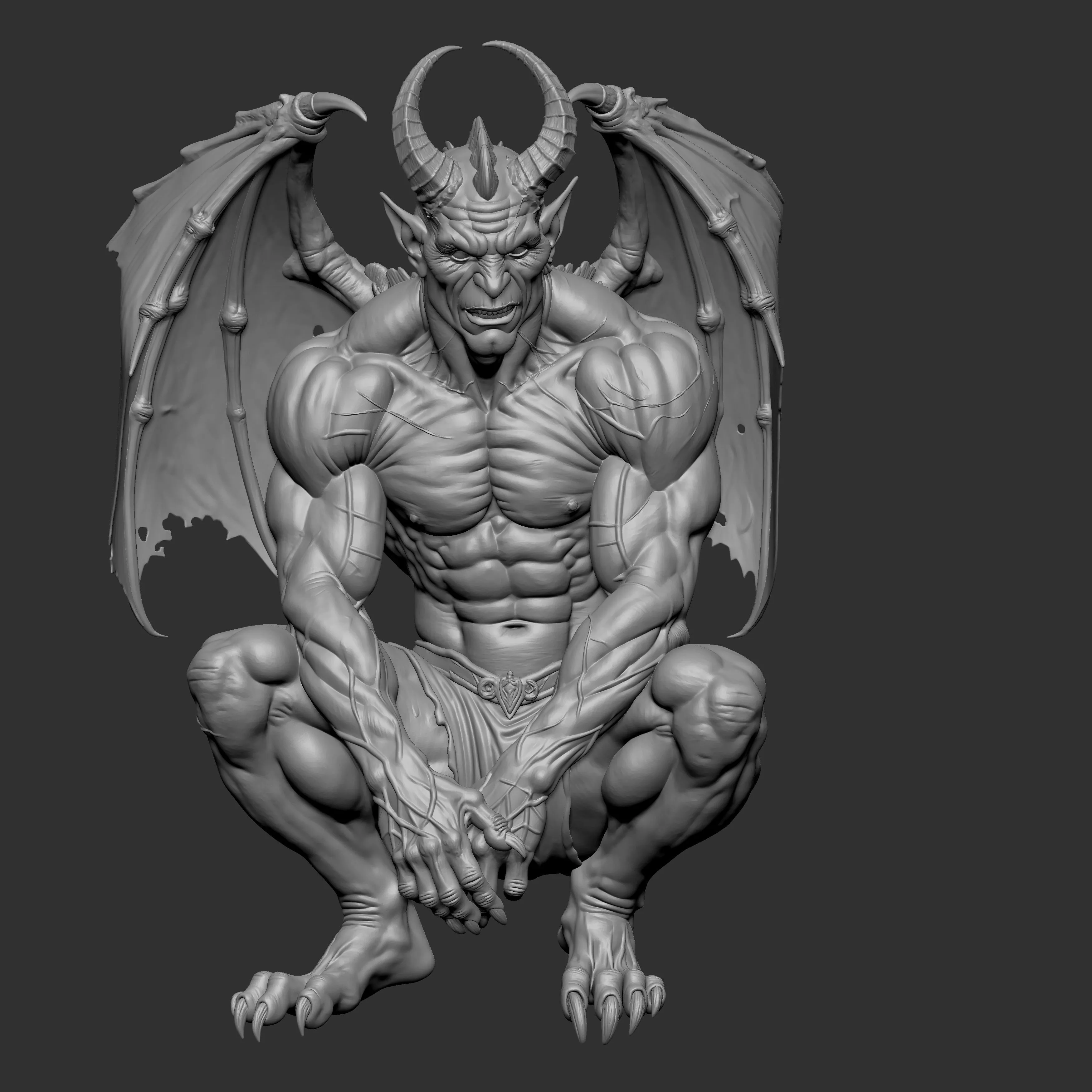 demon with large horns and bat like wings 3D print model