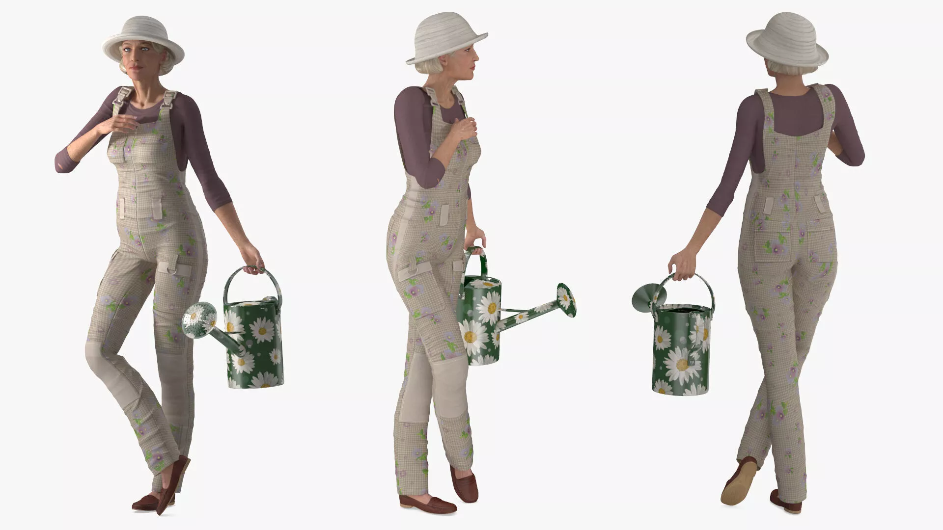 Elderly Woman Gardener with Watering Can Rigged 3D model