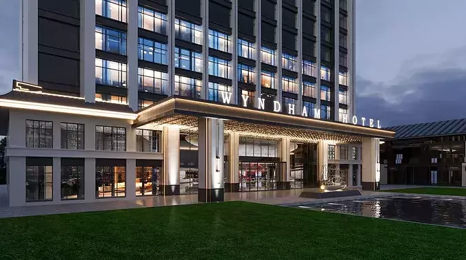 Modern Boutique Hotel Exterior Urban Street View 3D model 4