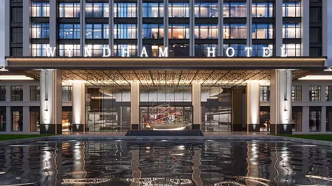 Modern Boutique Hotel Exterior Urban Street View 3D model 2