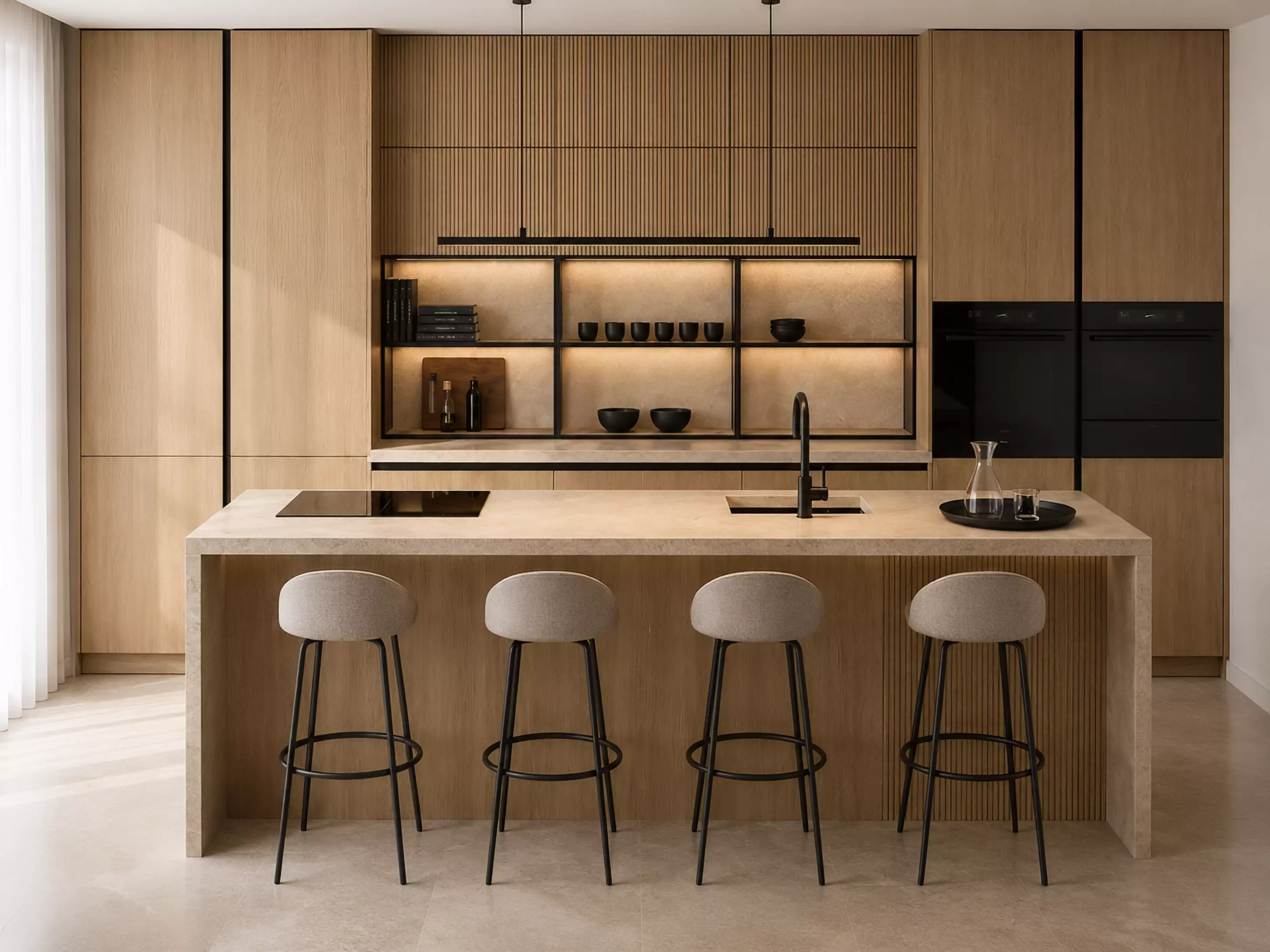 Modern Oak Kitchen with Fluted Island 3D model