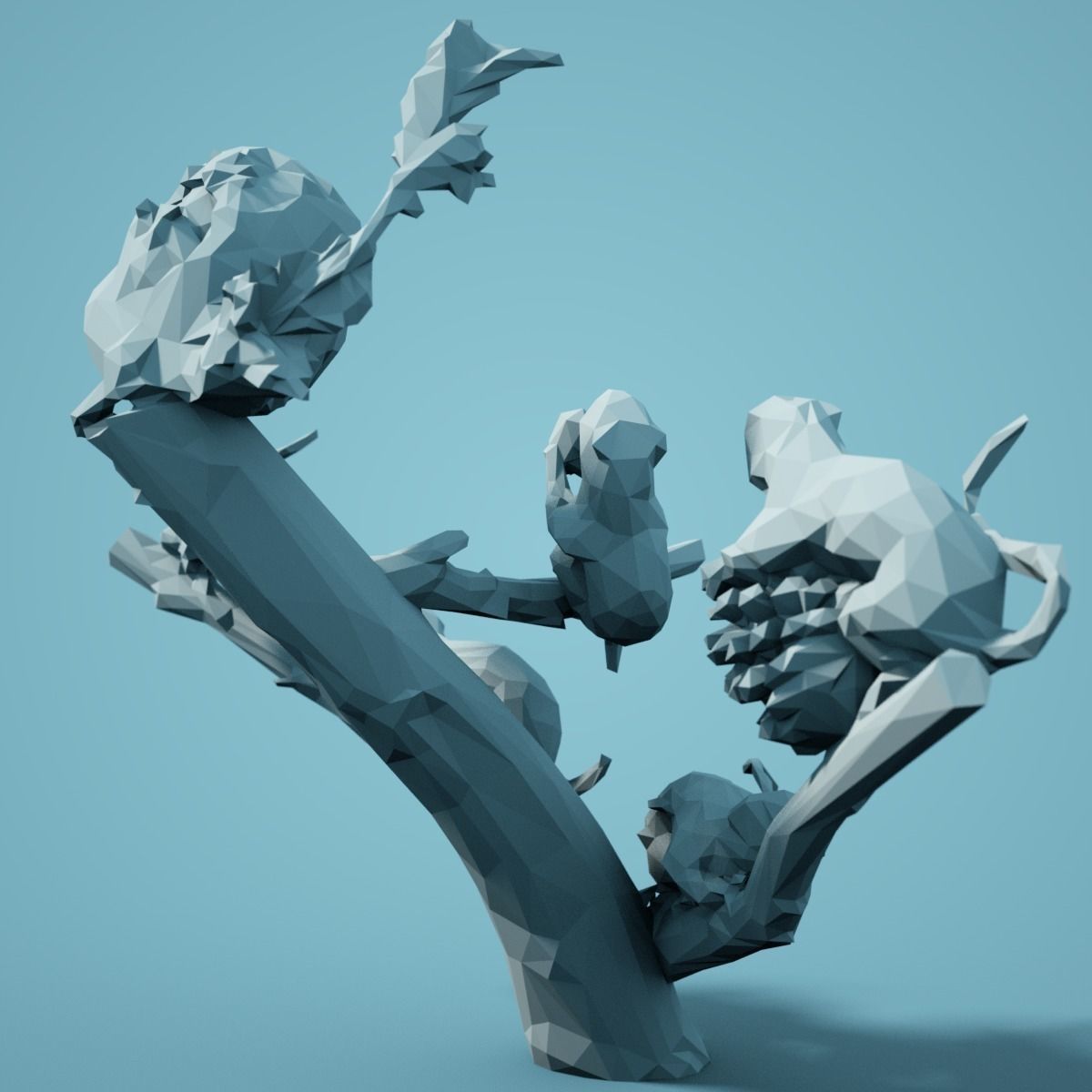 Low Poly Squirrel Model tree branch with birds 3D print model_4