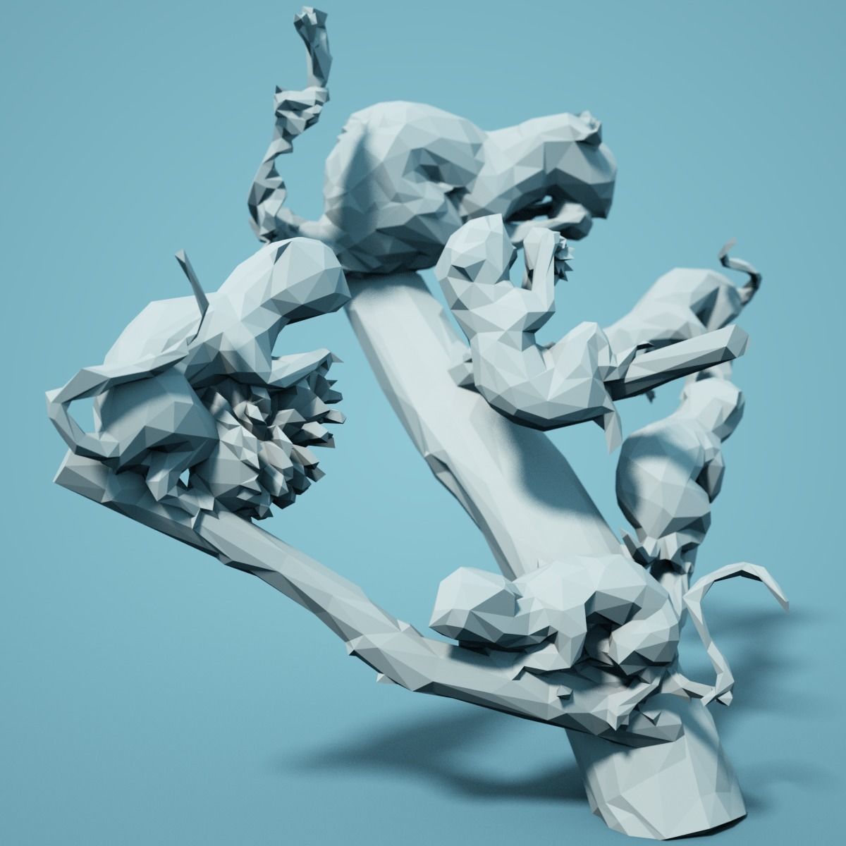 Low Poly Squirrel Model tree branch with birds 3D print model_3