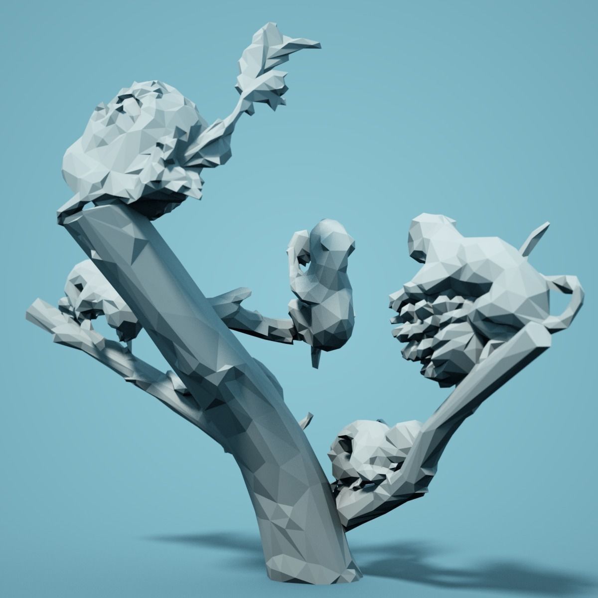 Low Poly Squirrel Model tree branch with birds 3D print model_2