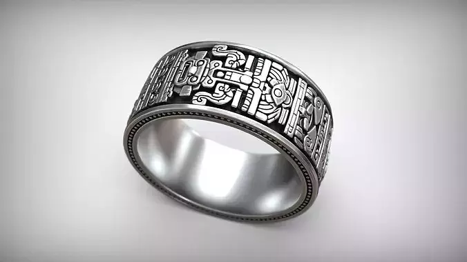 Aztec Pattern Wedding Band Mayan Geometric Relief Ring