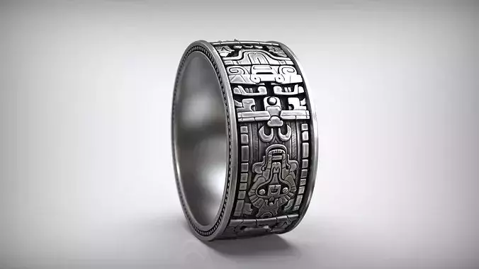 Aztec Geometric Wedding Band Mayan Tribal Relief Ring