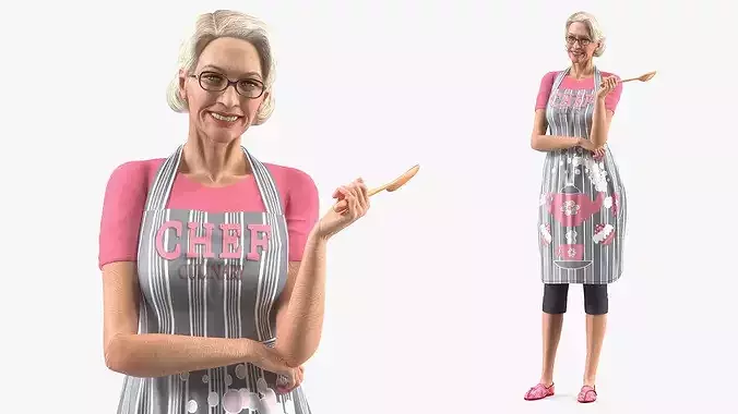 Elderly Female Chef with Apron Rigged 3D model
