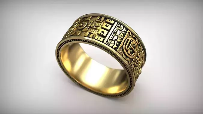 Aztec Wedding Band Ancient Mayan Geometric Relief Ring
