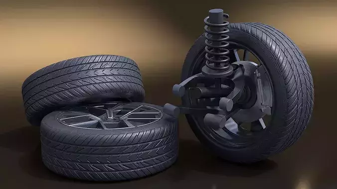 Car Tire with Brake Disc and Shock Absorber 3D model 4