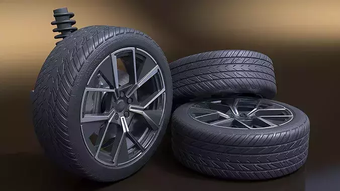 Car Tire with Brake Disc and Shock Absorber 3D model 3
