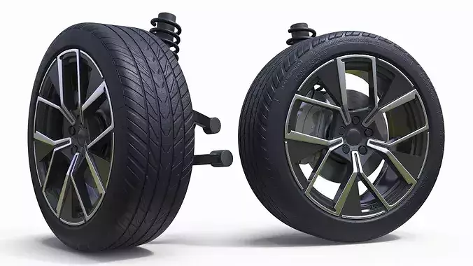 Car Tire with Brake Disc and Shock Absorber 3D model