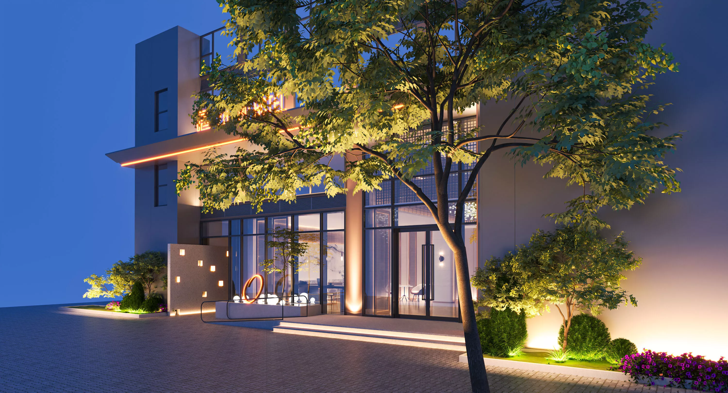 Modern business hotel building night view 3D model