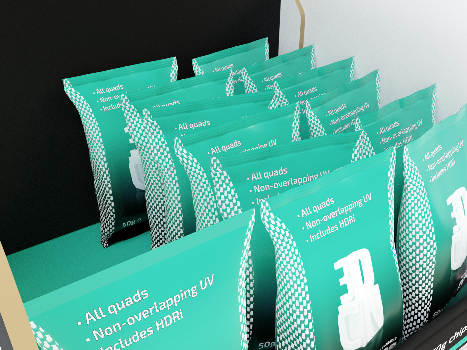 3 Bags Quad seal Pillow and Stabilo bags and display unit 3D model_1