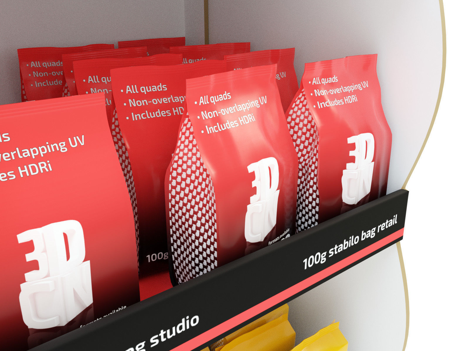 3 Bags Quad seal Pillow and Stabilo bags and display unit 3D model_3