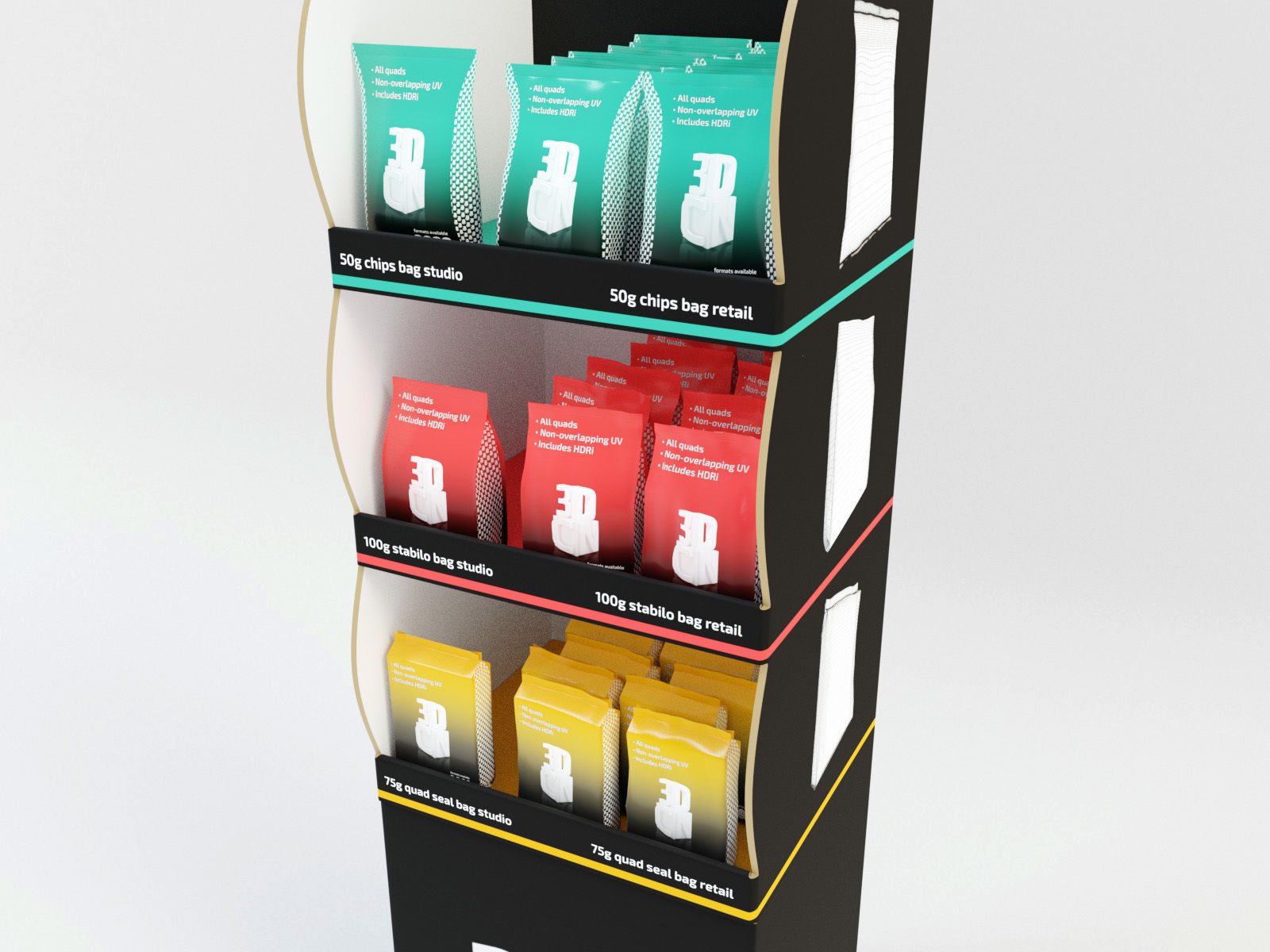 3 Bags Quad seal Pillow and Stabilo bags and display unit 3D model_7