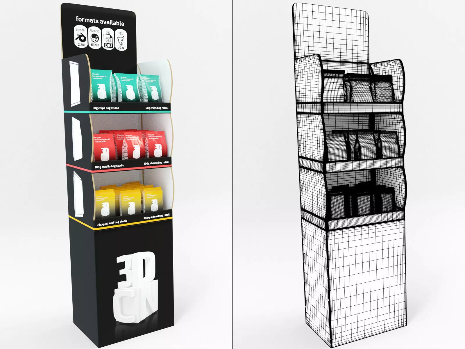 3 Bags Quad seal Pillow and Stabilo bags and display unit 3D model_0