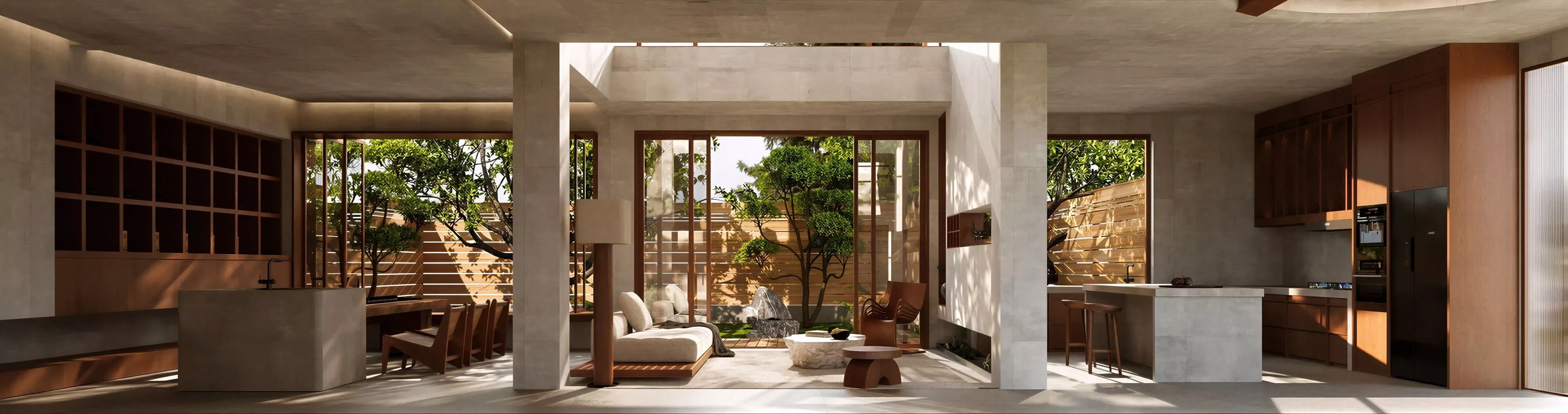Wabi-Sabi Courtyard Villa Open Living Kitchen Dining 3D model