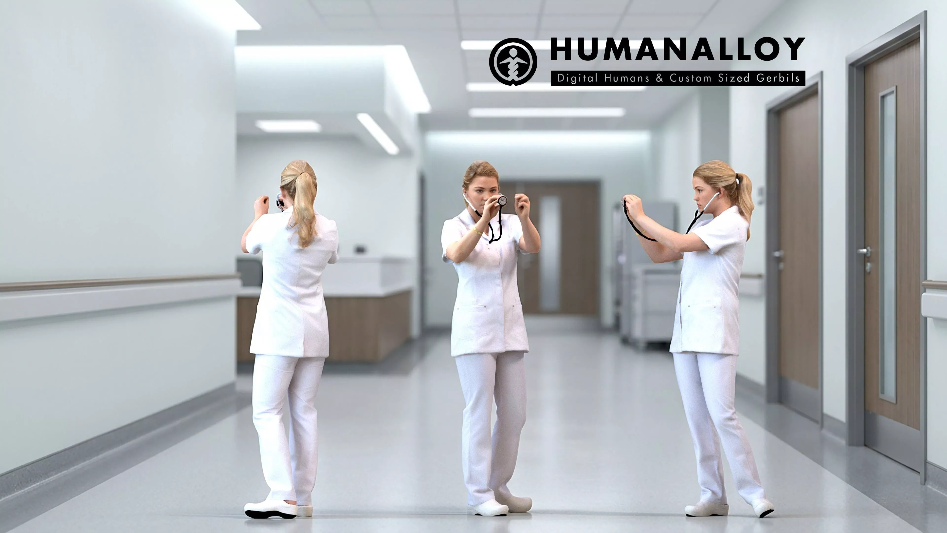 Adult Caucasian woman waiting in medical facility wearing 3D model