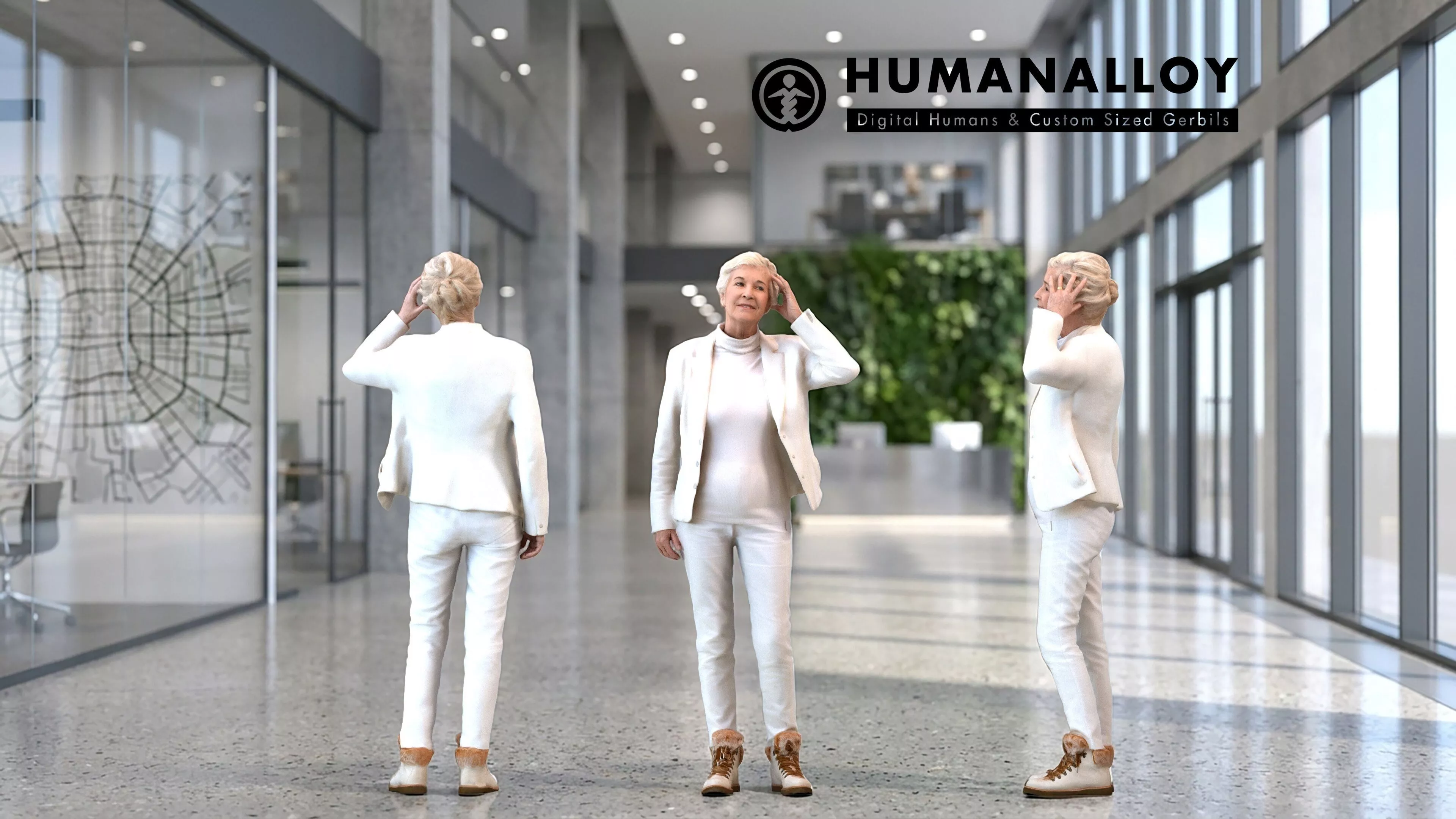 Senior Caucasian woman making phone call in office wearing 3D model