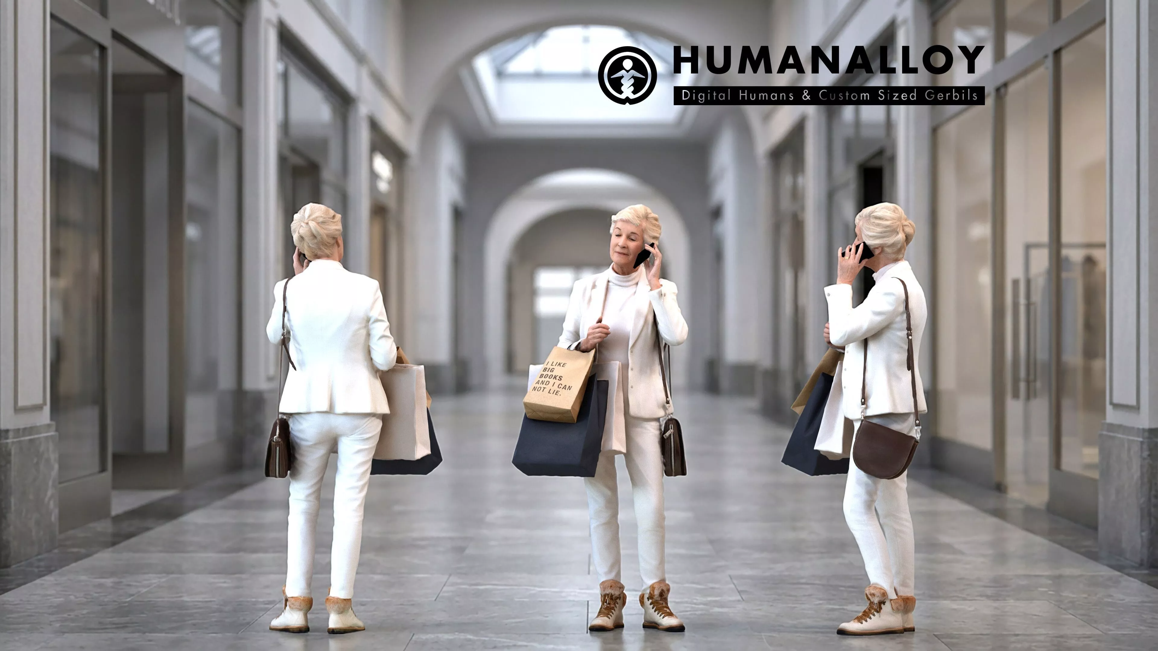 Senior Caucasian woman shopping with smartphone and bag in 3D model