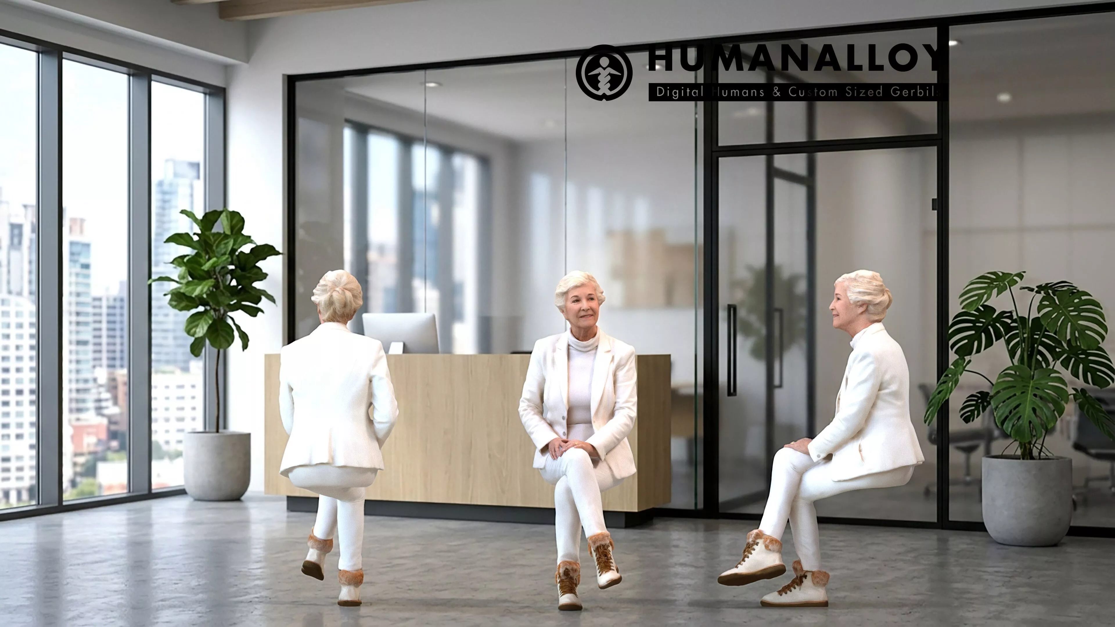 Senior Caucasian woman sitting in office wearing autumn or 3D model