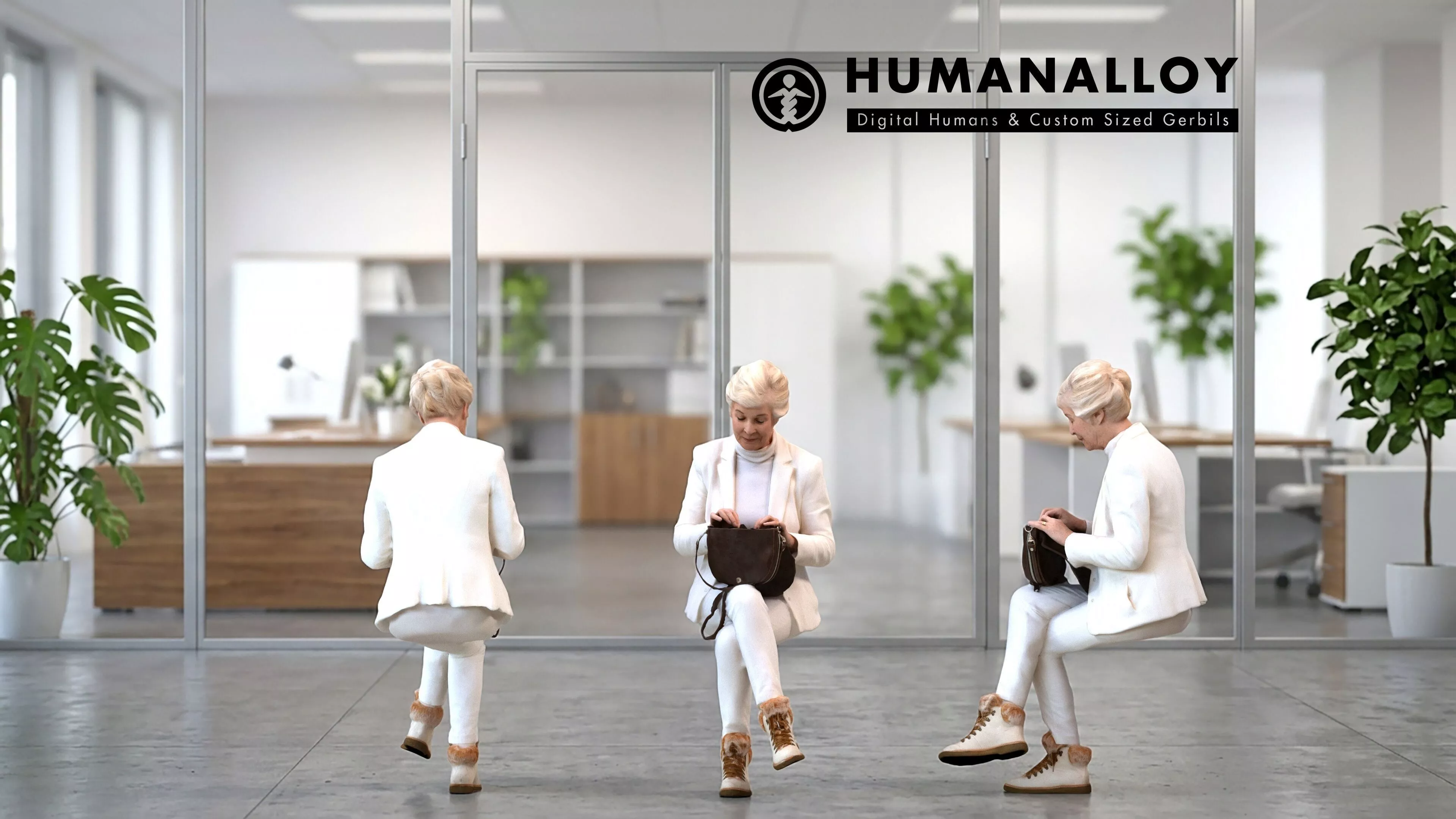 Senior Caucasian woman sitting in office wearing transitional 3D model