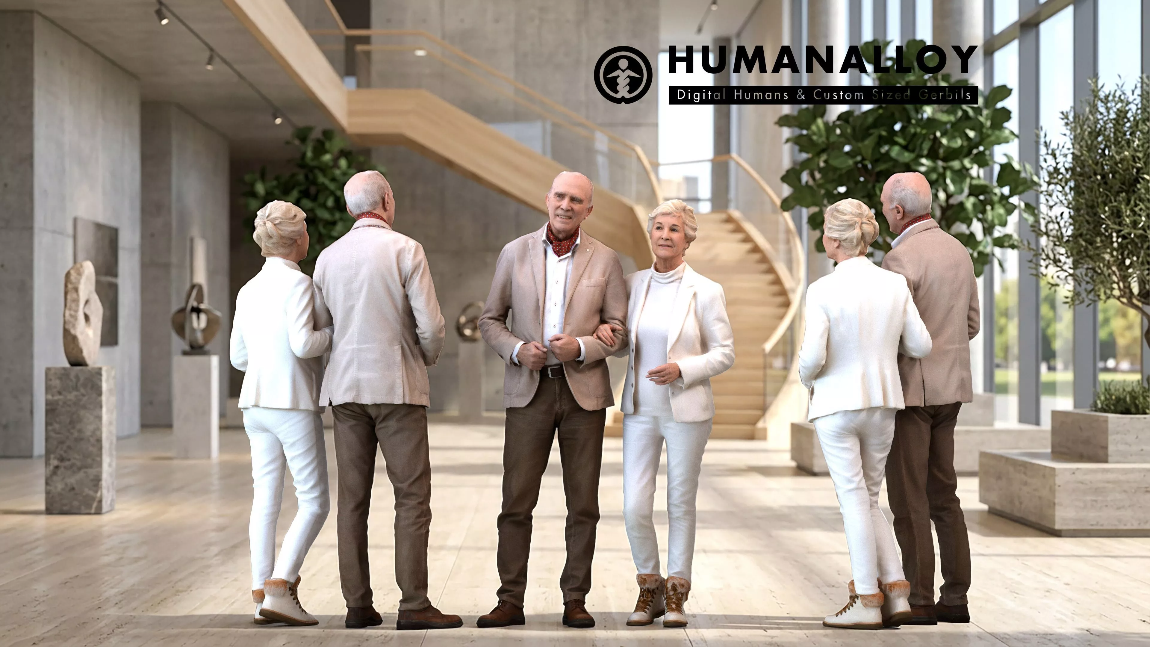 Senior Caucasian professionals bonding in public wearing 3D model