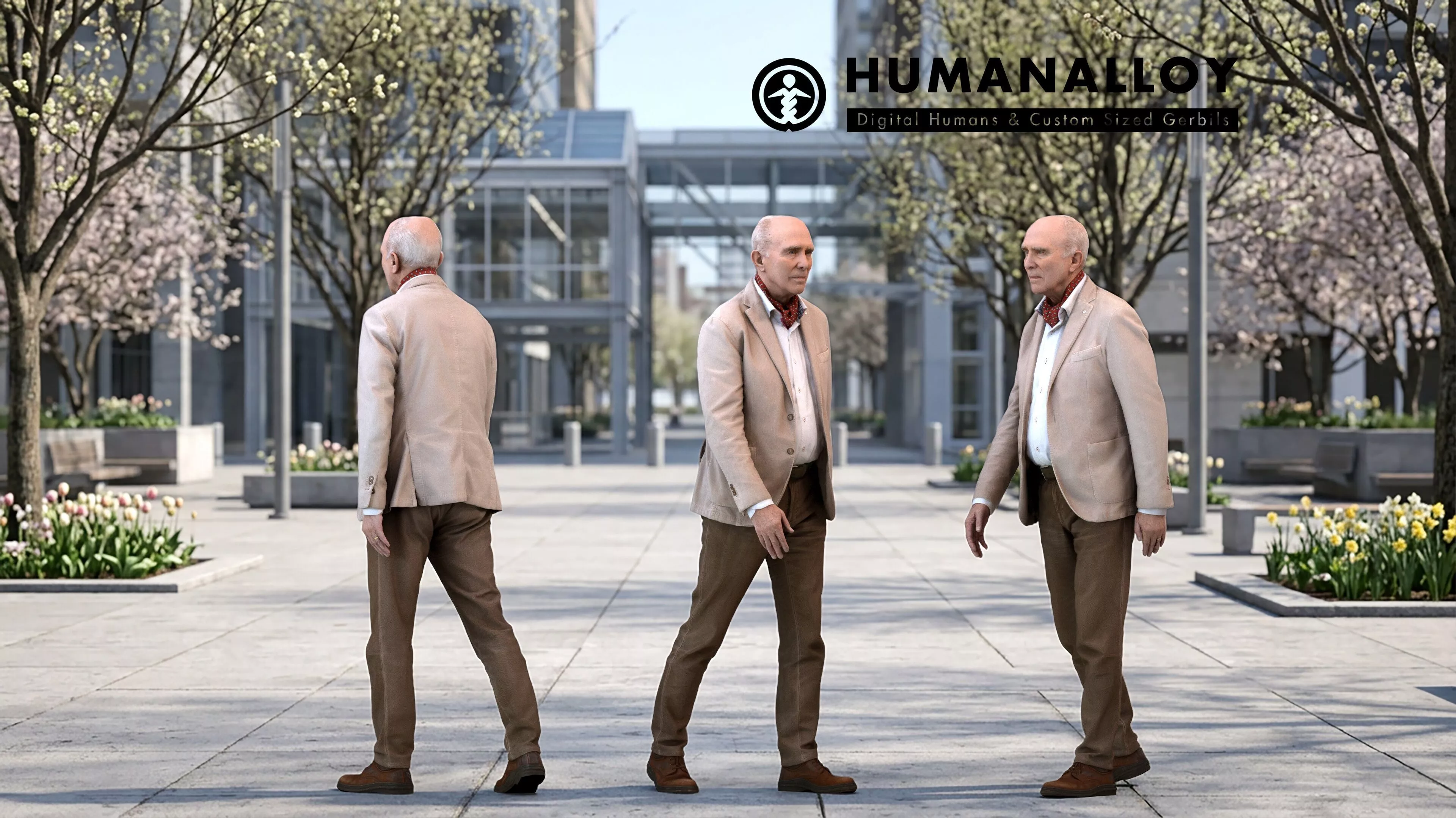 Senior Caucasian man walking through public space in 3D model