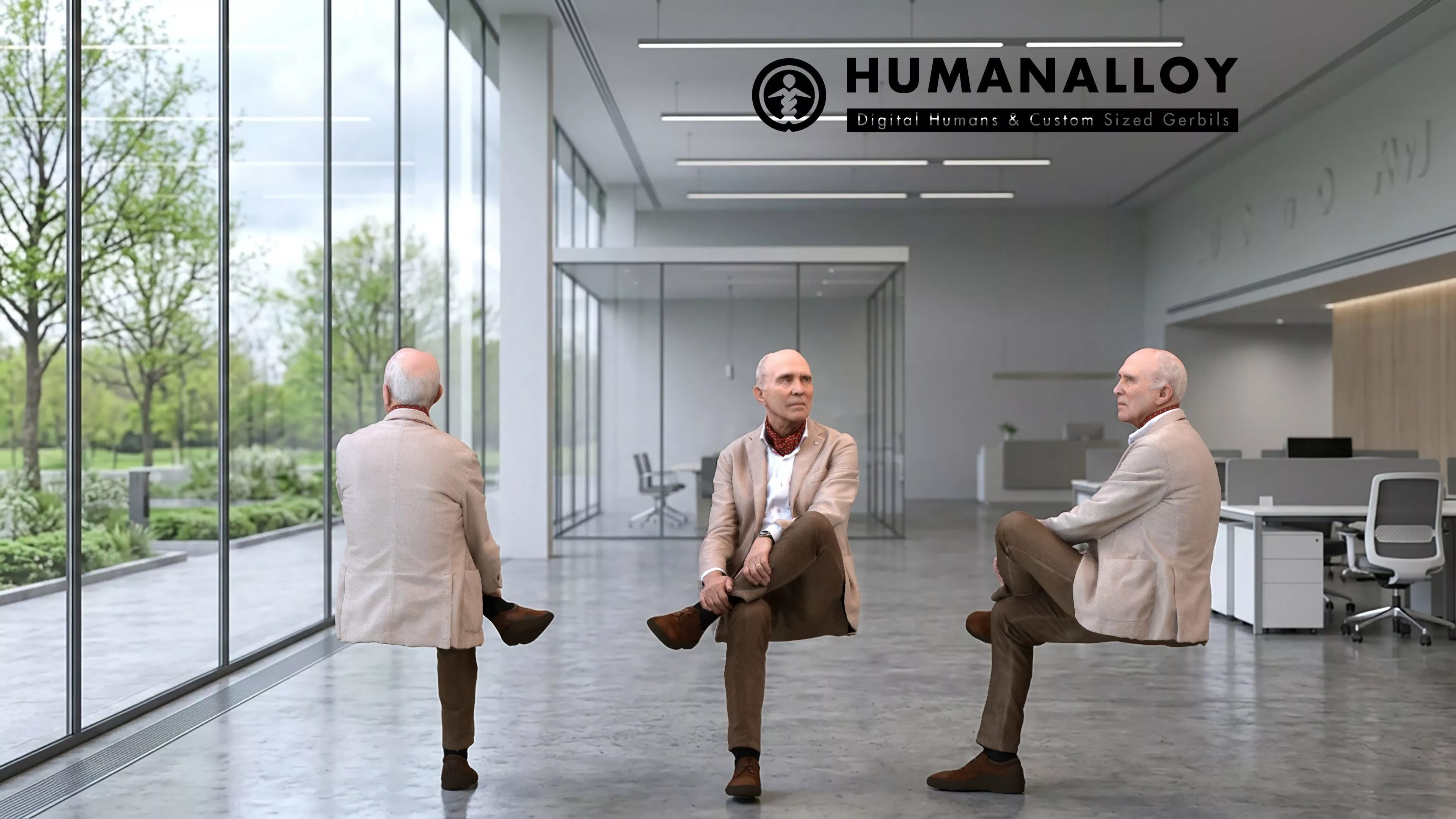 Senior Caucasian man relaxing in office wearing transitional 3D model