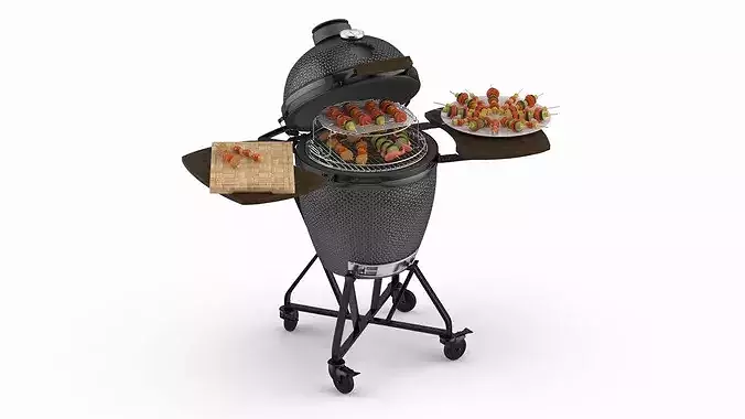 Open Grill with Food on Sticks 3D model