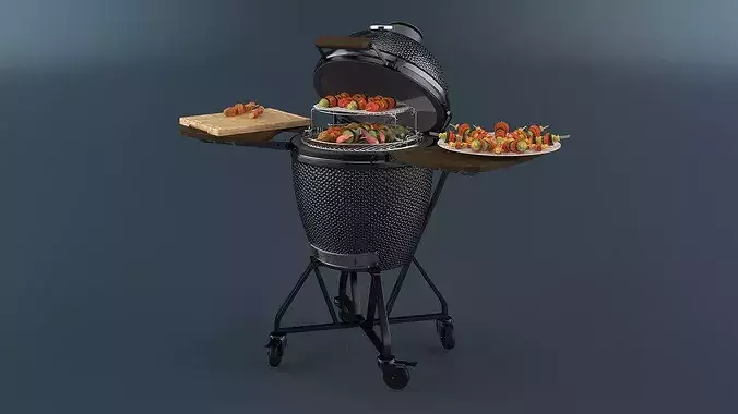 Open Grill with Food on Sticks 3D model 3