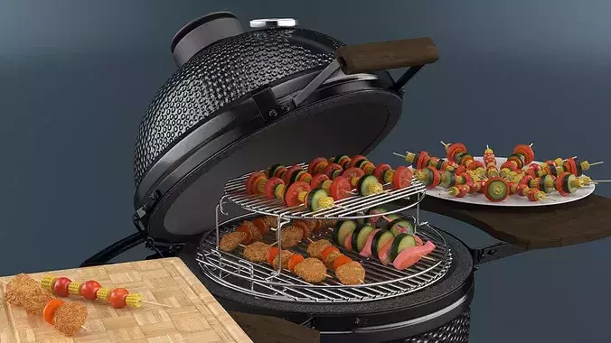 Open Grill with Food on Sticks 3D model 4