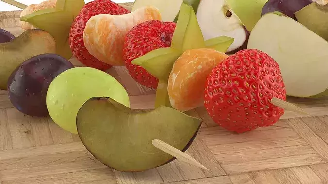Wooden Skewers with Fruit on Board 3D model 7