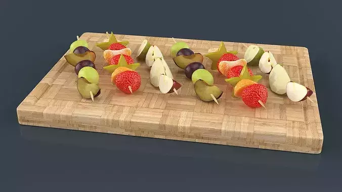 Wooden Skewers with Fruit on Board 3D model 3