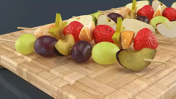 Wooden Skewers with Fruit on Board 3D model 4