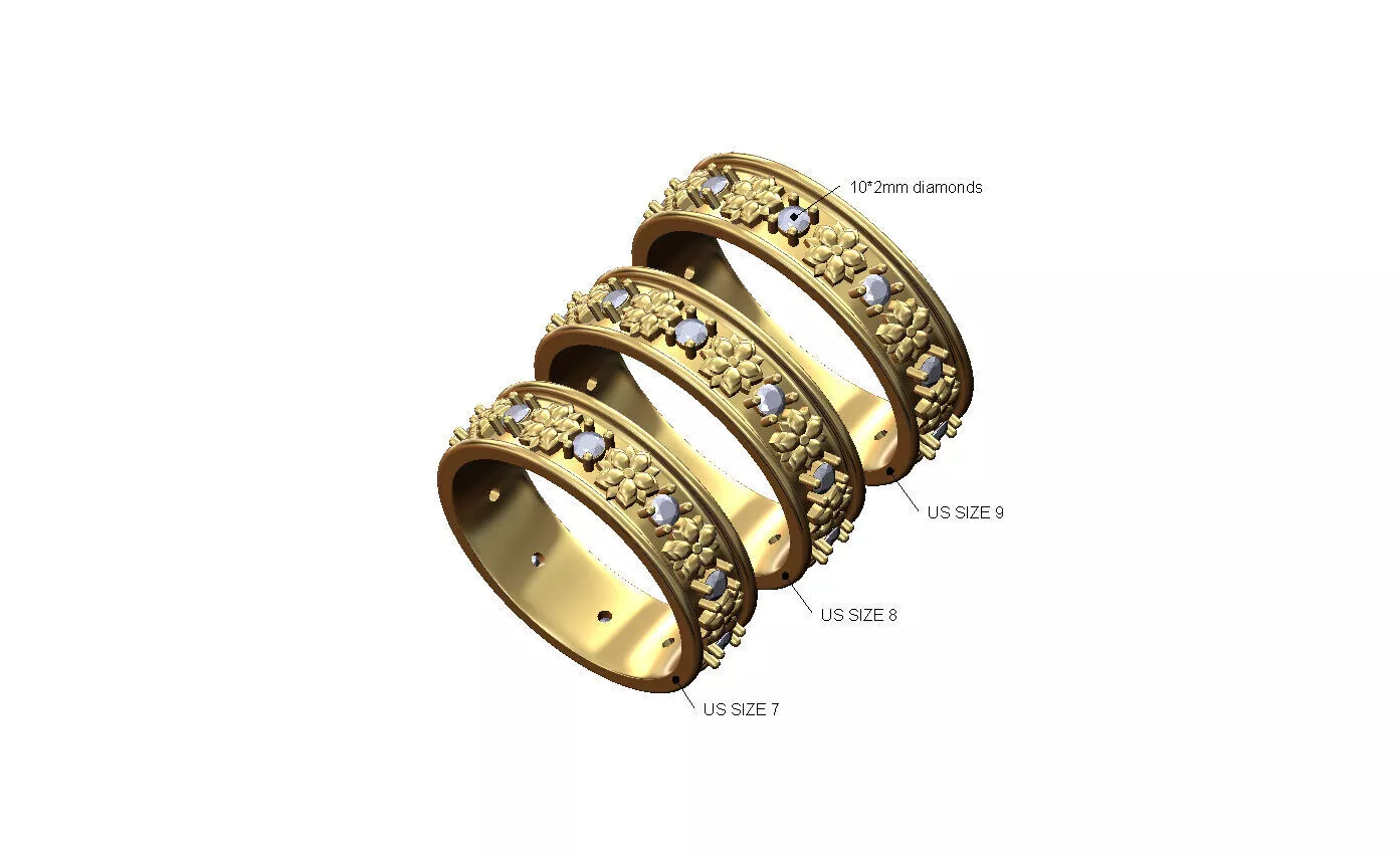 Rose and 2mm diamond pattern eternity band US sizes 7 8 9 3D print model
