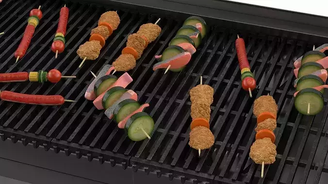 Gas Charbroiler with Food on Skewers 3D model 7