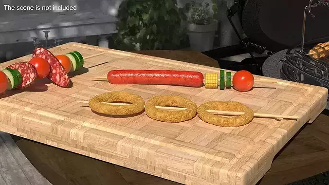 Onion Rings on Wooden Skewer 3D model 2