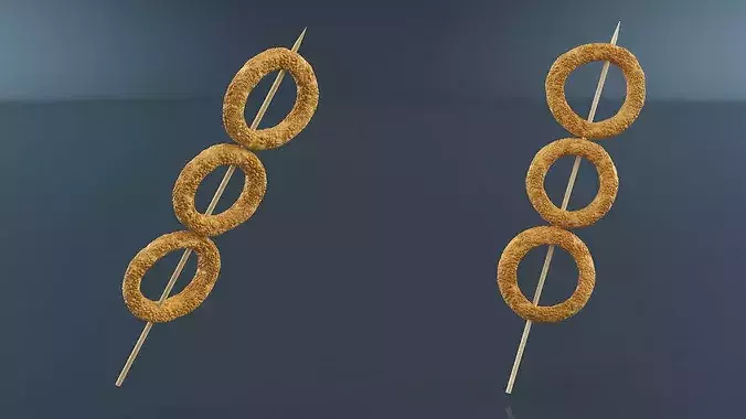 Onion Rings on Wooden Skewer 3D model 3