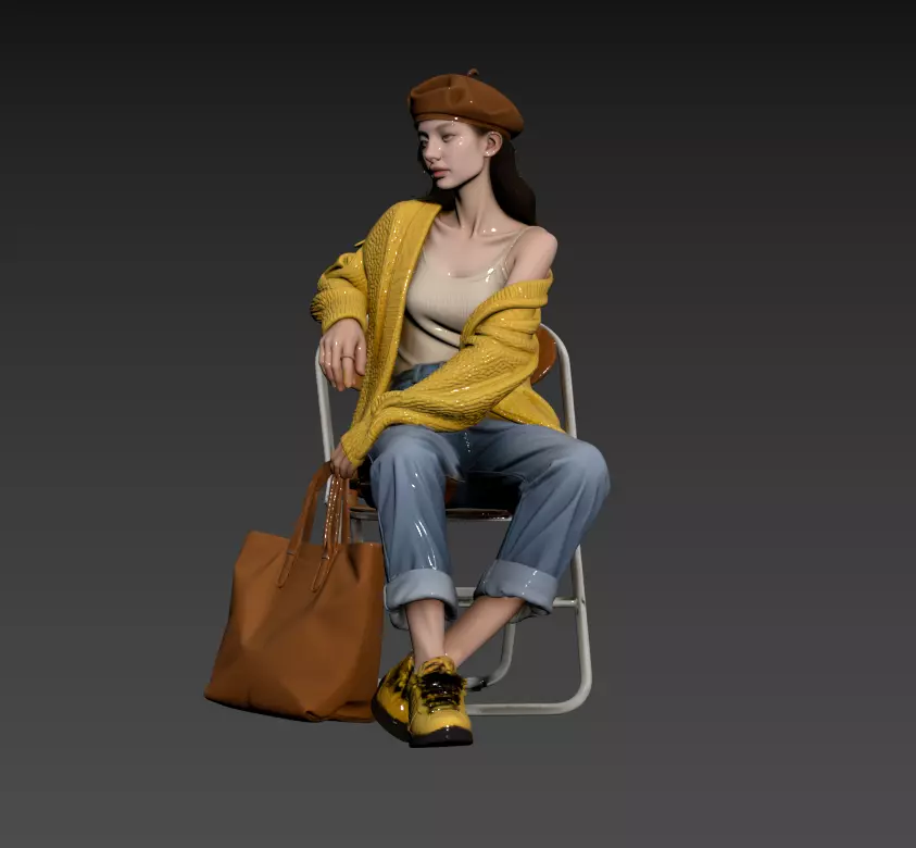 C157 - A female wearing a yellow sweater sitting on a chair 3D model