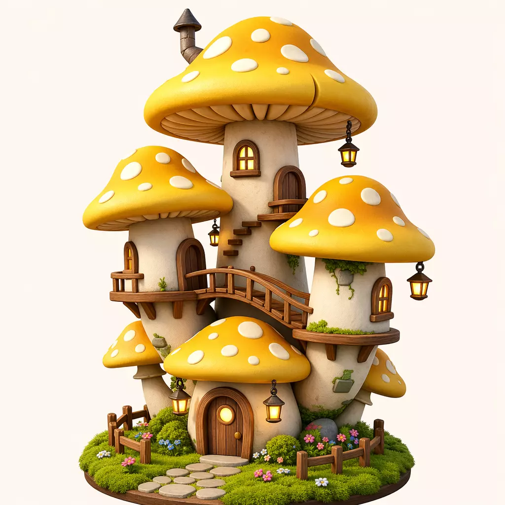 Golden Cap Mushroom Village Fairy Castle 3D Model 3D print model