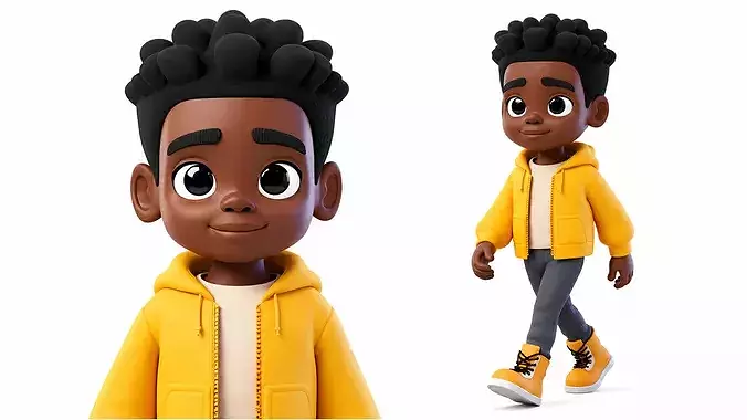 Stylized Cartoon Black Boy Character Rigged and Animated