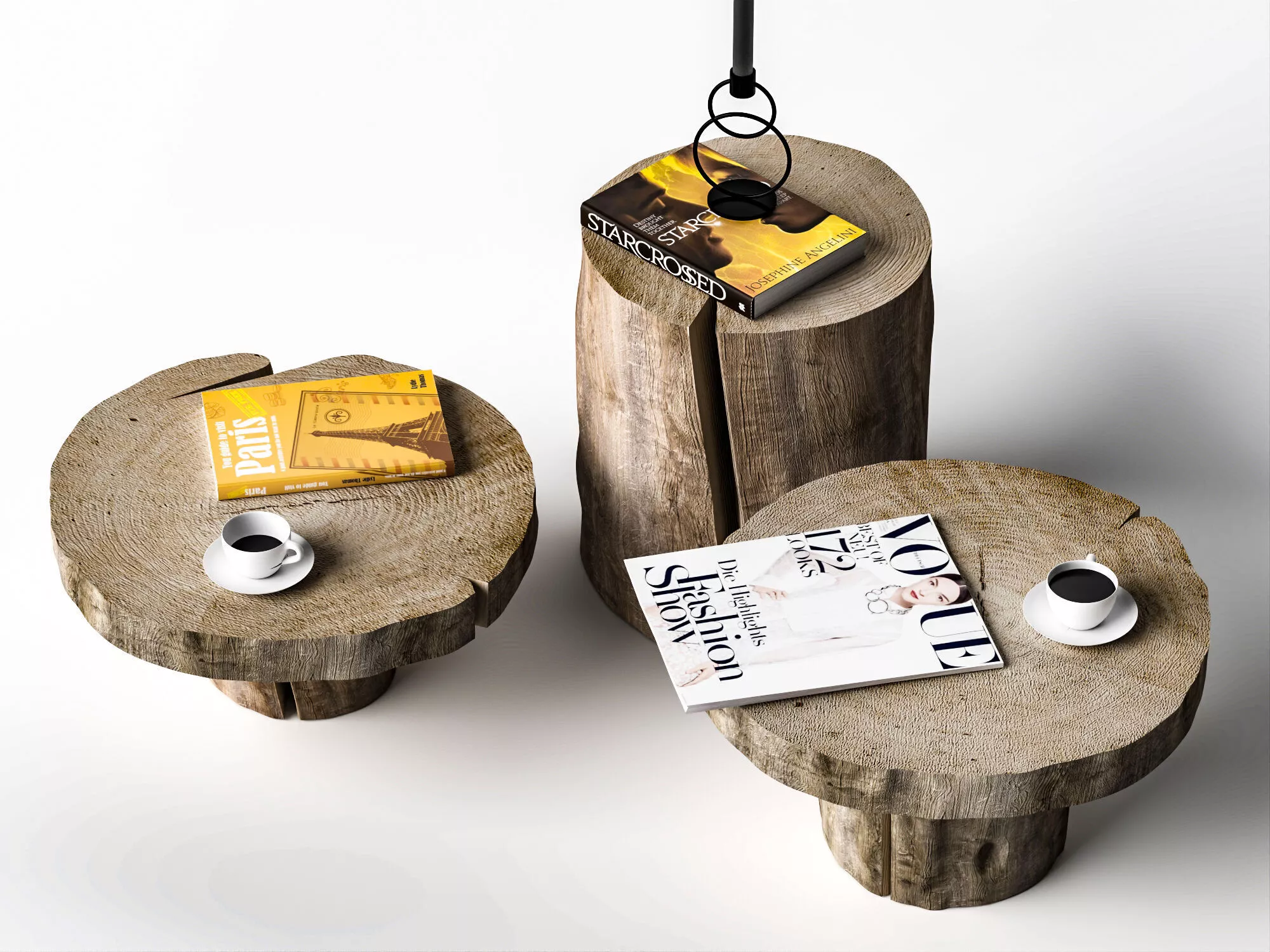 Raw Wood Stump Side Table With Decor Props 3D Model 3D model