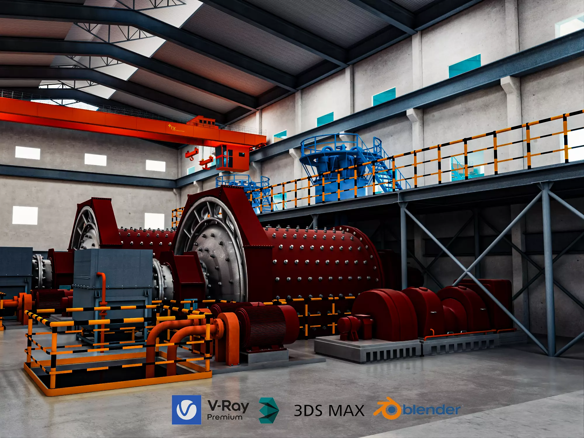 Mineral Processing Plant Ball Mill Workshop Scene 3D Model 3D model