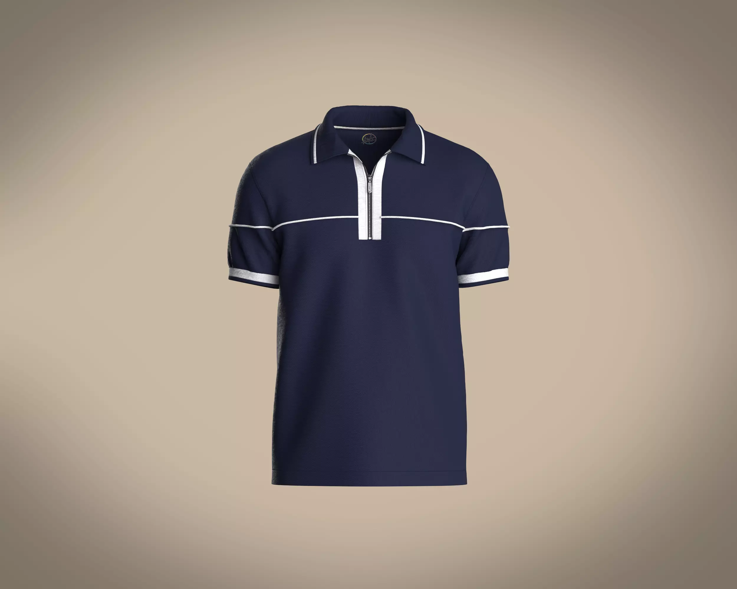 Mens polo with front quarter zipper and piping 3D model