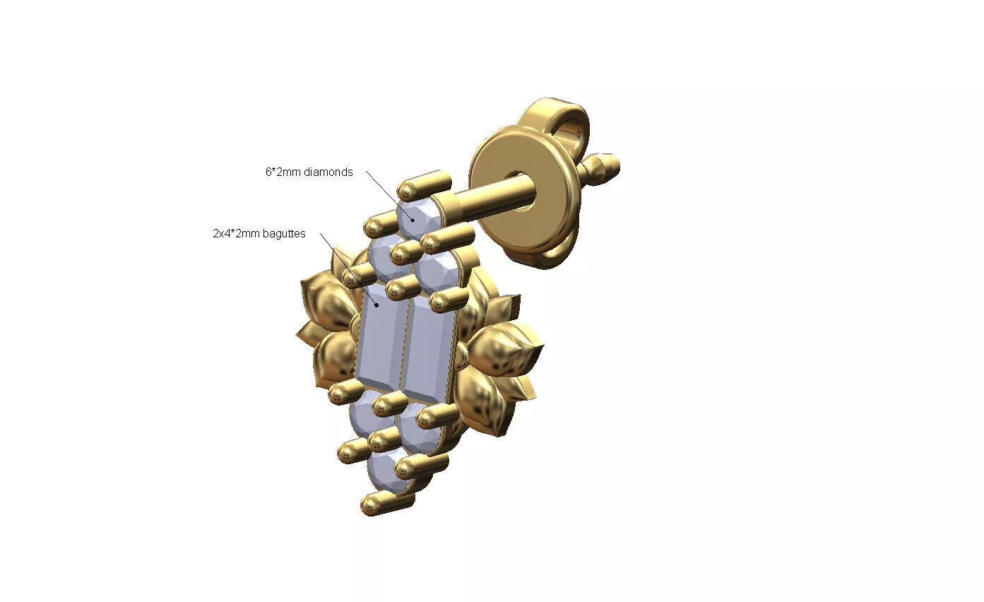 Diamond lotus flower baguettes and diamond stud earring 3D print model